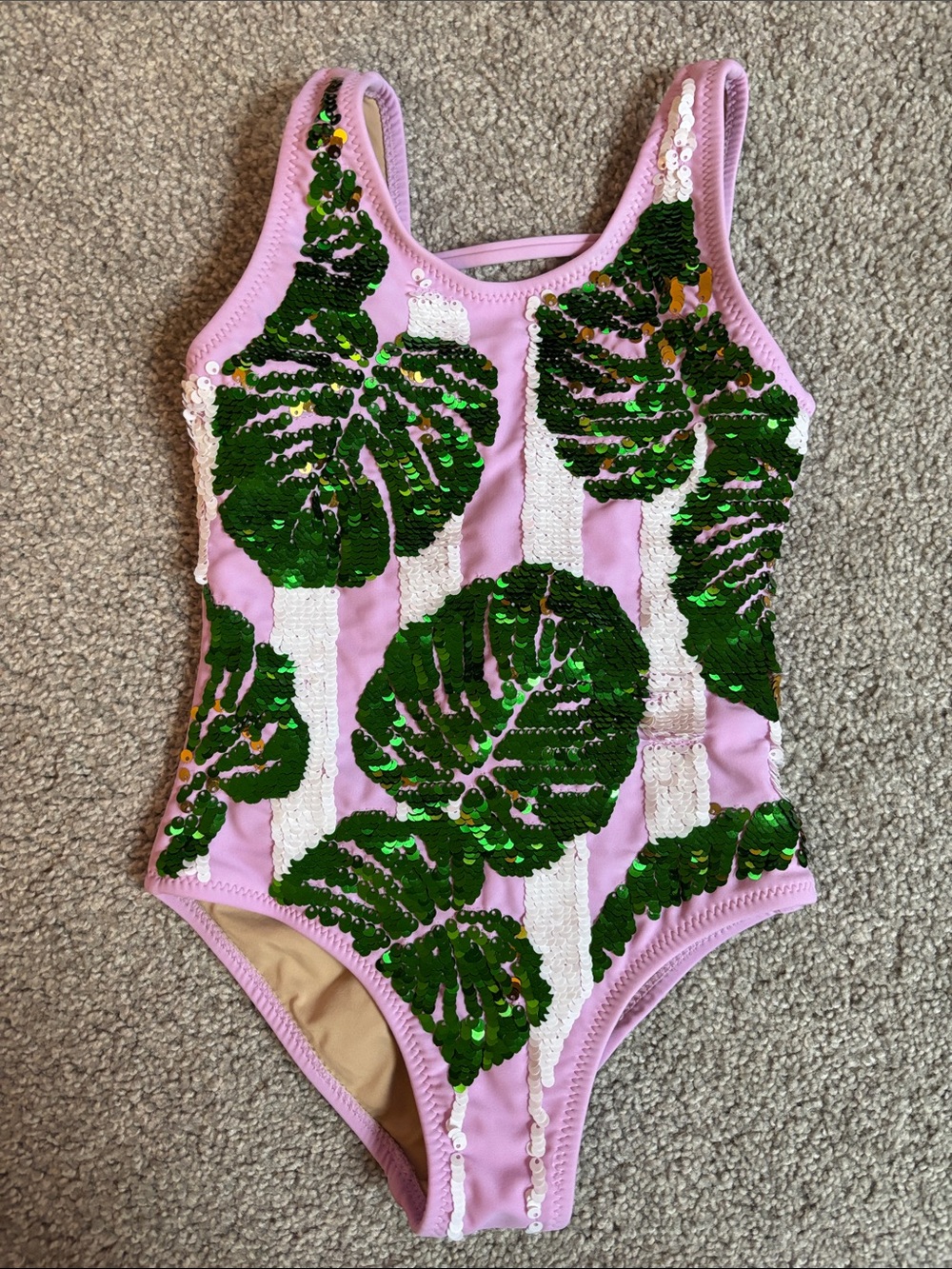 Shade Critters: Sequin Palm Leaf Kids One-Piece Swimsuit - Pink & Green